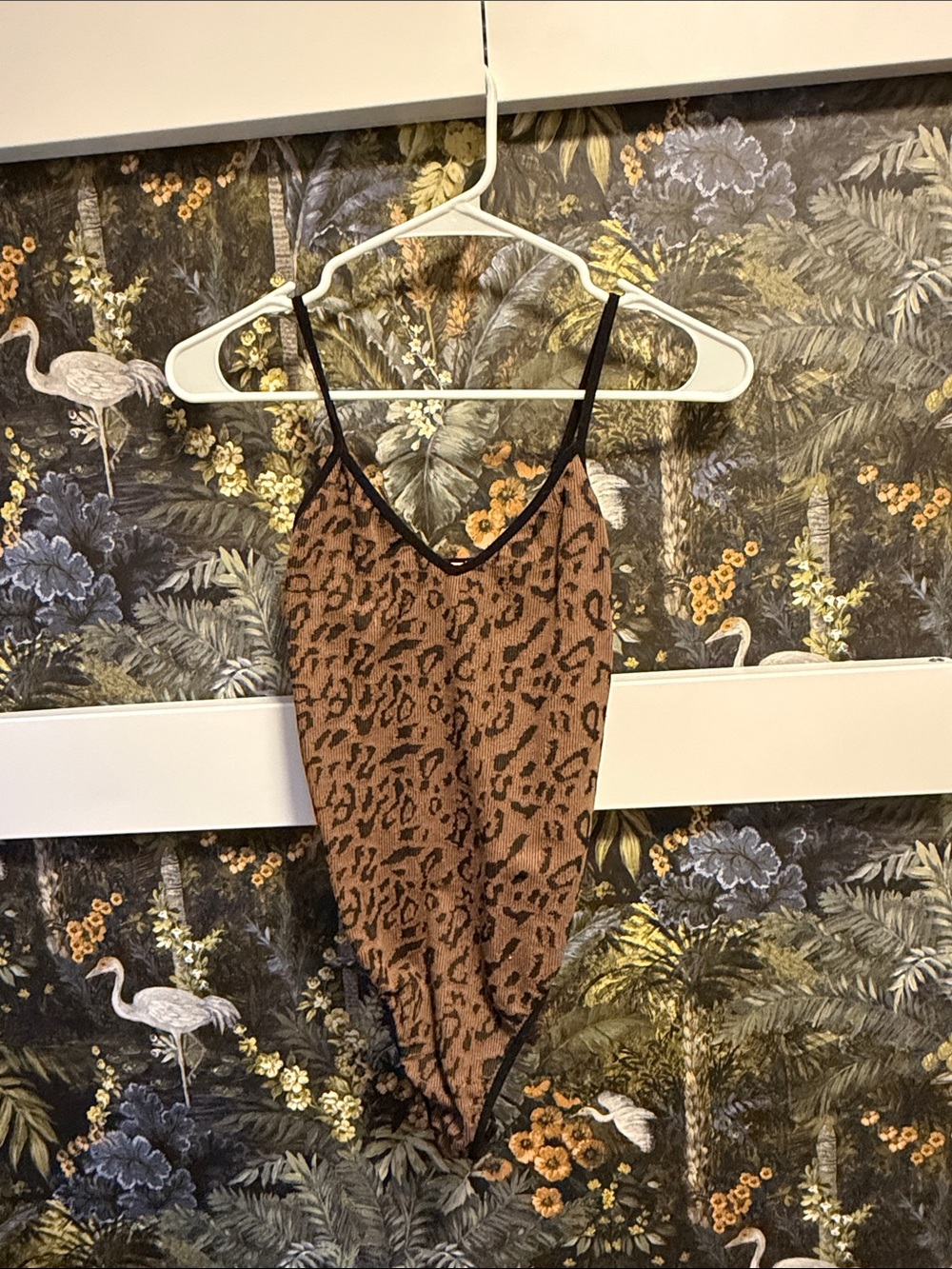 Leopard Print V-Neck Lace-Trim Bodysuit - Brown